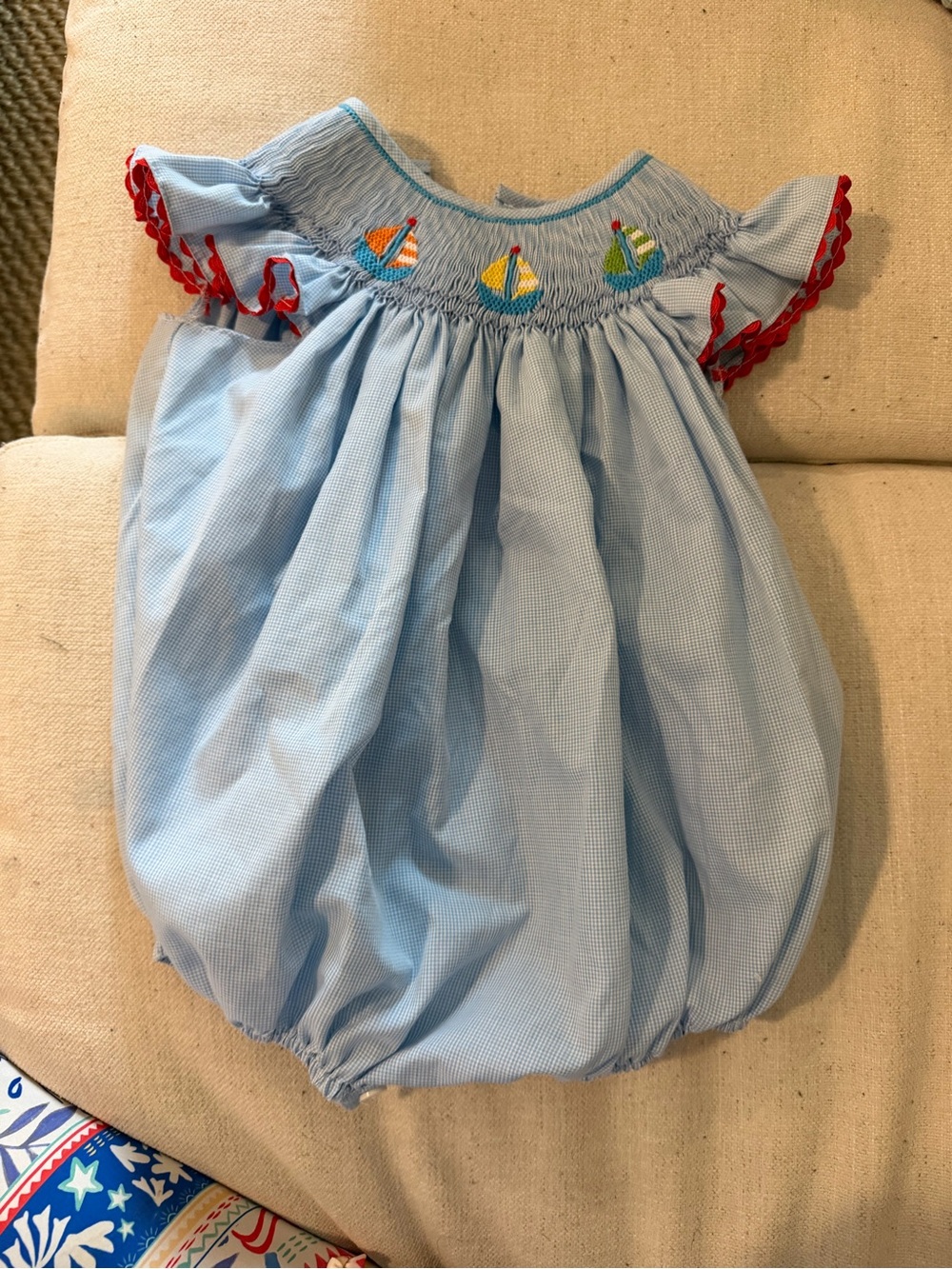 Mom & Me Smocked Sailboat Bubble Romper Blue Gingham 9M